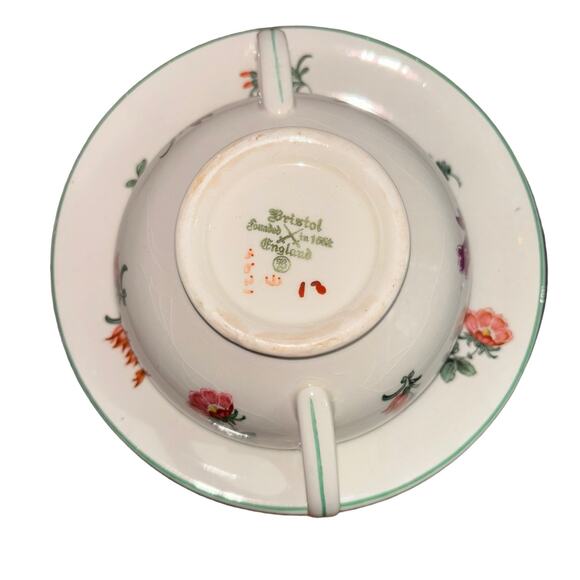 Bristol England Vintage Pair 2 Handle Bowl  & Saucer Floral Pattern Reproduction - Picture 5 of 8